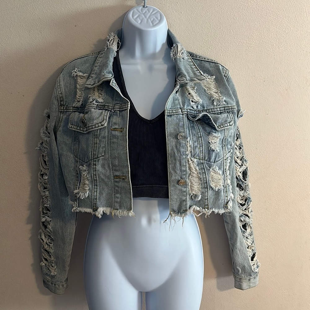 SHEIN Distressed Cropped Jean Denim Jacket